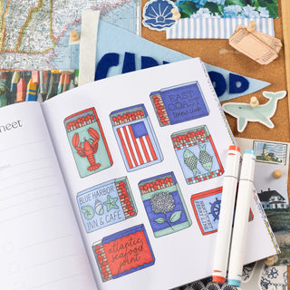 Coastal living coloring book page with matchboxes featuring nautical designs by Elyse Burns

