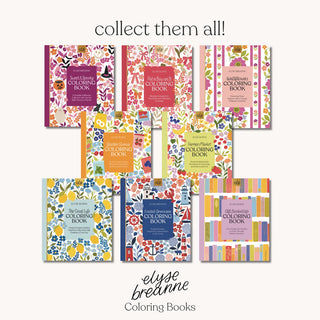 Collection of Elyse Breanne Coloring Books with various designs on a white background.