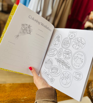Farmers Market coloring book interior page showing intricate hand-drawn vegetable and produce patterns by Elyse Burns

