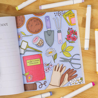 Botanical garden coloring page with detailed flower arrangements, garden tools, and plant-themed hand-drawn designs
