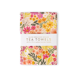 Elyse Breanne Design tea towel in Primrose Petals pattern — 100% cotton, 25.5x17", soft floral print kitchen towel pack of 2