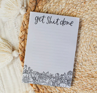Get Shit Done oversized sticky note pad by Elyse Breanne Design showing 60lb paper quality and vibrant full-color printing for desk organization
