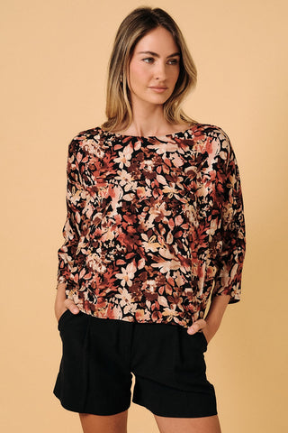 Floral Boat Neck Dolman 3/4 Sleeve Top