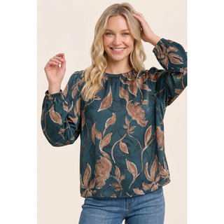 Floral Print Long Sleeve Top in forest green satin with elastic neckline and hem
