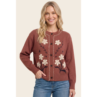 Floral Printed Button Down Sweater Cardigan - Copper