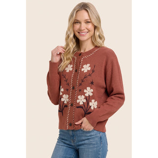 Floral Printed Button Down Sweater Cardigan - Copper