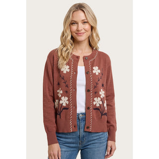 Floral Printed Button Down Sweater Cardigan - Copper