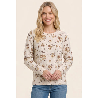 Dainty floral print long sleeve sweater in light taupe — soft women's crew neck knit sweater, styled with jeans