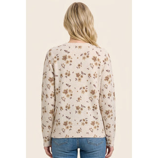 Back view of women's floral printed sweater — light taupe long sleeve crew neck knit top by Staccato