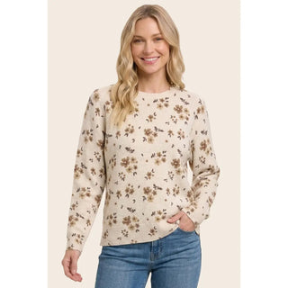 Women's light taupe floral printed crew neck sweater — long sleeve, soft knit, front view