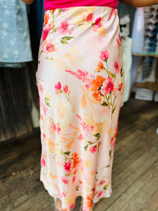 Gianna Botanical Floral Satin Midi Skirt