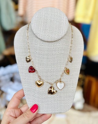 Gold plated hearts charm necklace with 7 unique heart charms on delicate chain - romantic Valentine's Day necklace