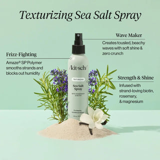 Close-up of Kitsch Sea Salt Spray bottle showing clean ingredients - paraben and sulfate free