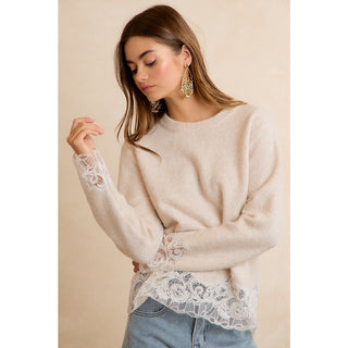 Lace Hem Detail Crewneck Sweater