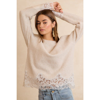 Lace Hem Detail Crewneck Sweater