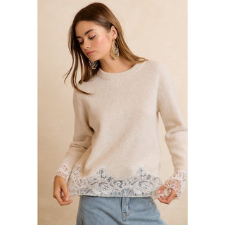 Lace Hem Detail Crewneck Sweater