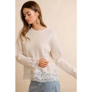 Lace Hem Detail Crewneck Sweater