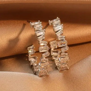 Gold baguette rhinestone hoop earrings showing hypoallergenic titanium post backs - lead and nickel compliant jewelry