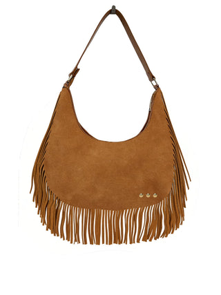 Loretta Suede Fringe Slouchy Shoulder Bag in Camel – faux suede boho hobo bag with fringe detail and adjustable suede strap, front view