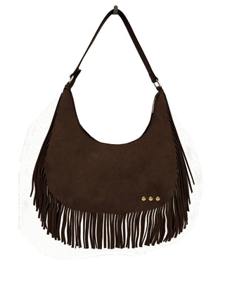 Loretta Suede Fringe Slouchy Shoulder Bag in Chocolate – faux suede boho hobo bag with fringe detail and adjustable suede strap, front view