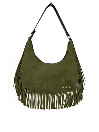 Loretta Suede Fringe Slouchy Shoulder Bag in Olive – faux suede boho hobo bag with fringe detail and adjustable suede strap, front view