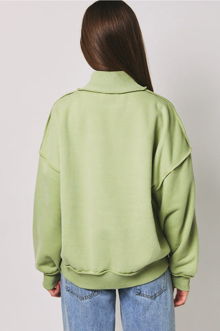 Matcha Embroidered Mock Neck Sweatshirt – back view showing mock neck collar, raw edge seam details, and ribbed hem in matcha green