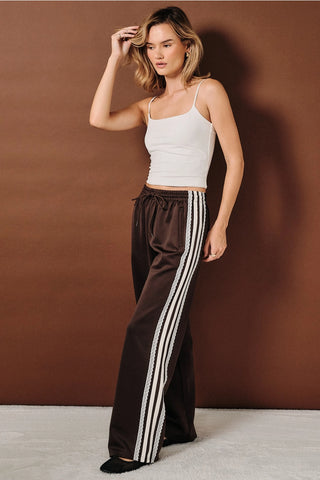 Mid Rise Side Stripe Lace Trim Track Pants