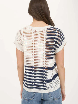 Multi Stripe Short Sleeve Sheer Crochet Knit Top