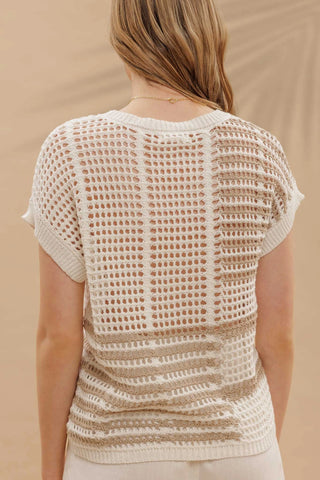 Multi Stripe Short Sleeve Sheer Crochet Knit Top