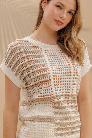 Multi Stripe Short Sleeve Sheer Crochet Knit Top