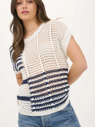 Multi Stripe Short Sleeve Sheer Crochet Knit Top