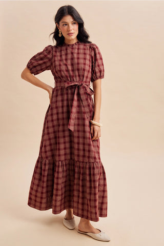 Plaid Puff Sleeve Belted Maxi Dress