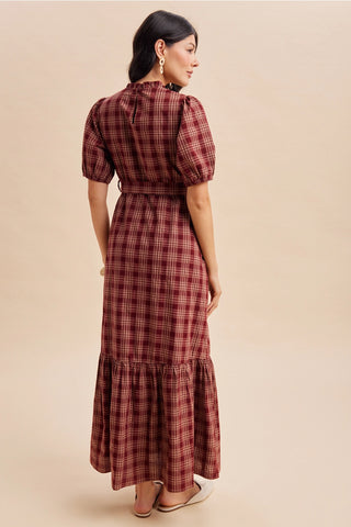 Plaid Puff Sleeve Belted Maxi Dress
