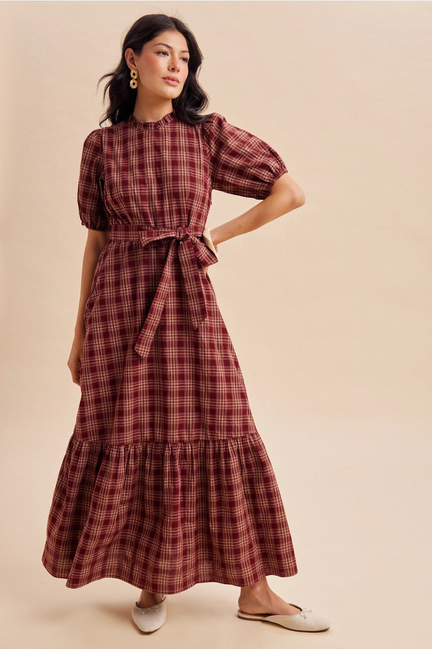 Plaid Puff Sleeve Belted Maxi Dress
