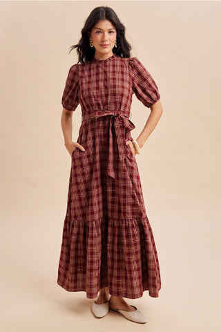 Plaid Puff Sleeve Belted Maxi Dress