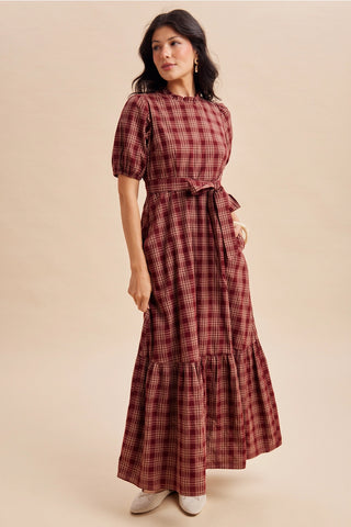 Plaid Puff Sleeve Belted Maxi Dress