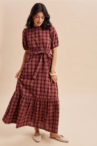 Plaid Puff Sleeve Belted Maxi Dress