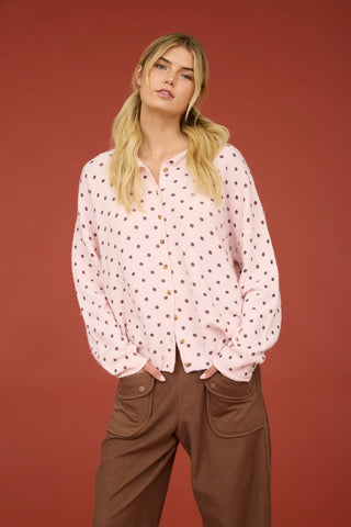 Polka Dot Button Down Raw Edge Knit Cardigan