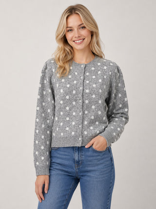 Polka Dot Puff Sleeve Button Cardigan