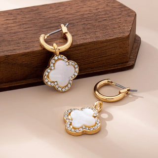 Gold plated clover drop hoop earrings with iridescent mother-of-pearl and rhinestone frame - hypoallergenic titanium posts