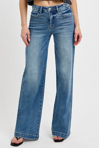 Risen High Rise Adjustable Waist Wide Leg Jeans