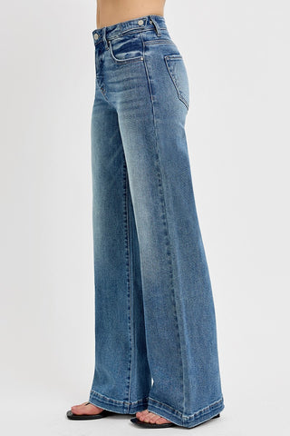 Risen High Rise Adjustable Waist Wide Leg Jeans