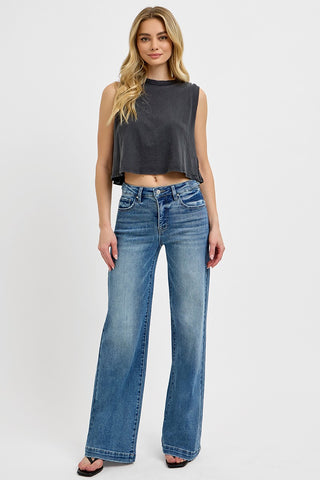 Risen High Rise Adjustable Waist Wide Leg Jeans