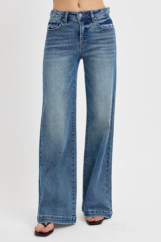Risen High Rise Adjustable Waist Wide Leg Jeans