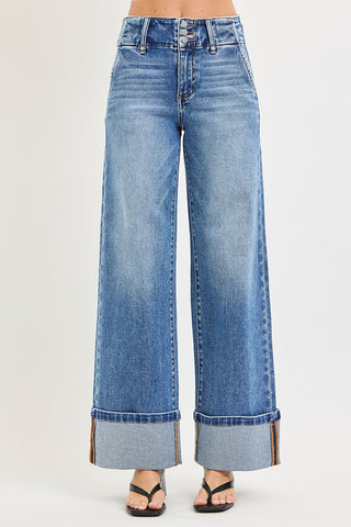 Risen high rise cuffed wide leg jeans in medium wash – front view showing triple button closure and wide cuffed hem with contrast stitching