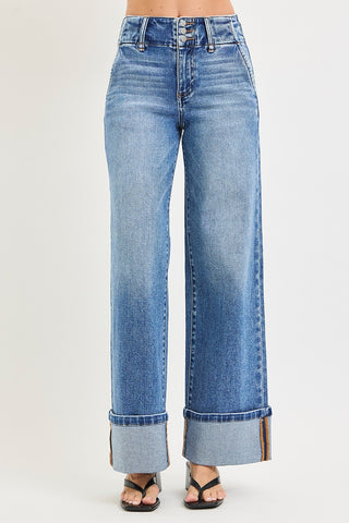 Front view of Risen high rise, large bottom cuffed hem, wide leg jeans – medium faded wash with triple button closure and wide contrast cuff hem detail