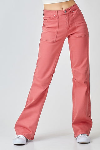 A pair of high-waisted, wide straight-leg jeans in a brick color, featuring a front pork chop pocket detail.