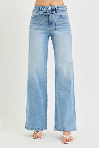 Risen high rise wide leg jeans with denim tie waist bow – light wash, full length front view showing wide leg fit and slanted pockets