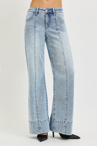 Risen mid rise wide flare jeans with pintuck center seam – light wash denim, full leg view showing ankle flare hem and tummy control waistband