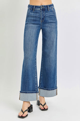 Risen Tummy Control High Rise Ankle Wide Cuffed Jeans